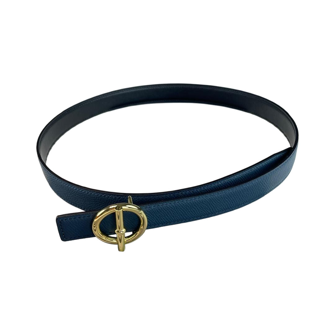 Hermès Women' s Round Buckle Reversible Belt In Blue/Brown/White Calfskin With Gold Hardware 25mm