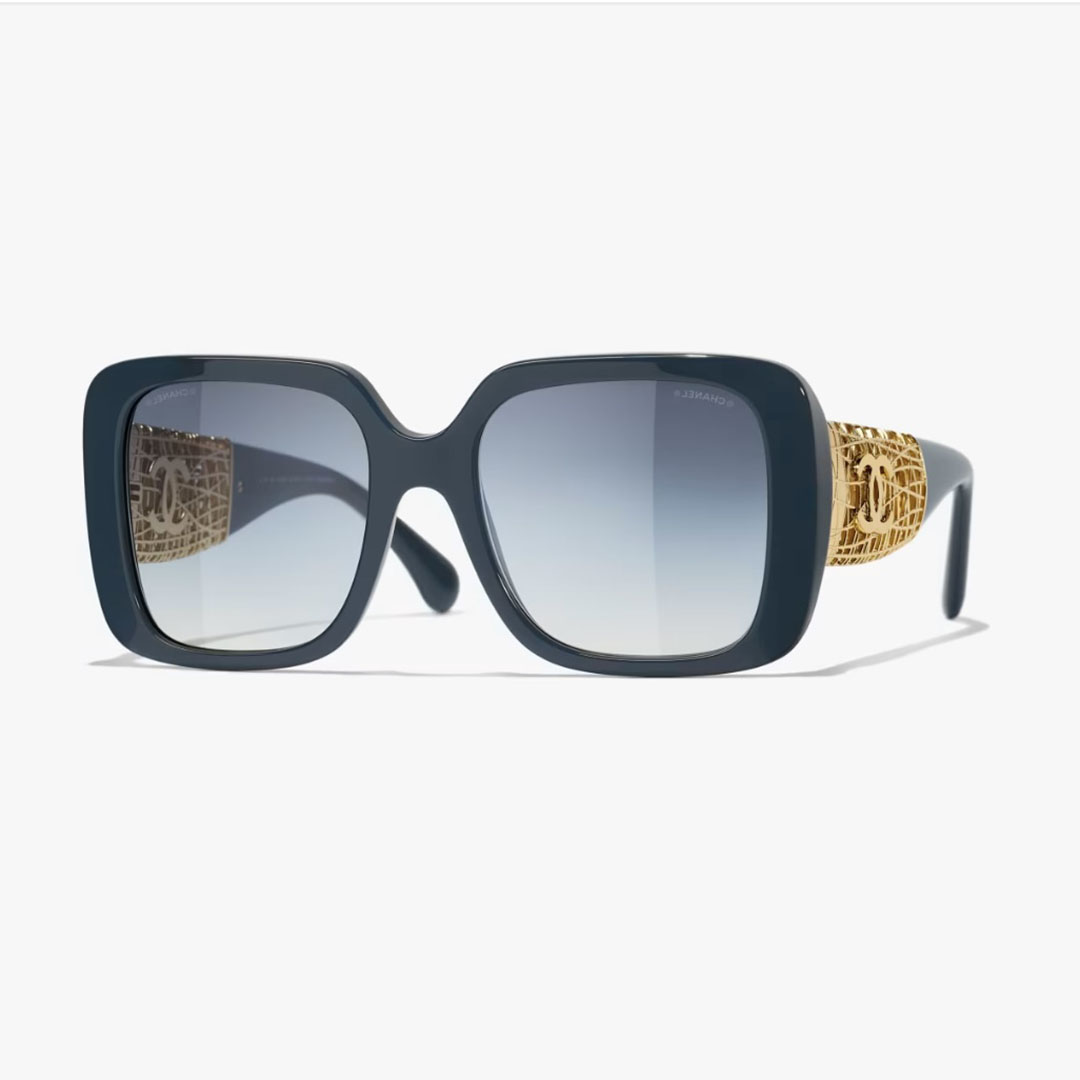 CHANEL square frame glasses blue gold color size 54-20-140