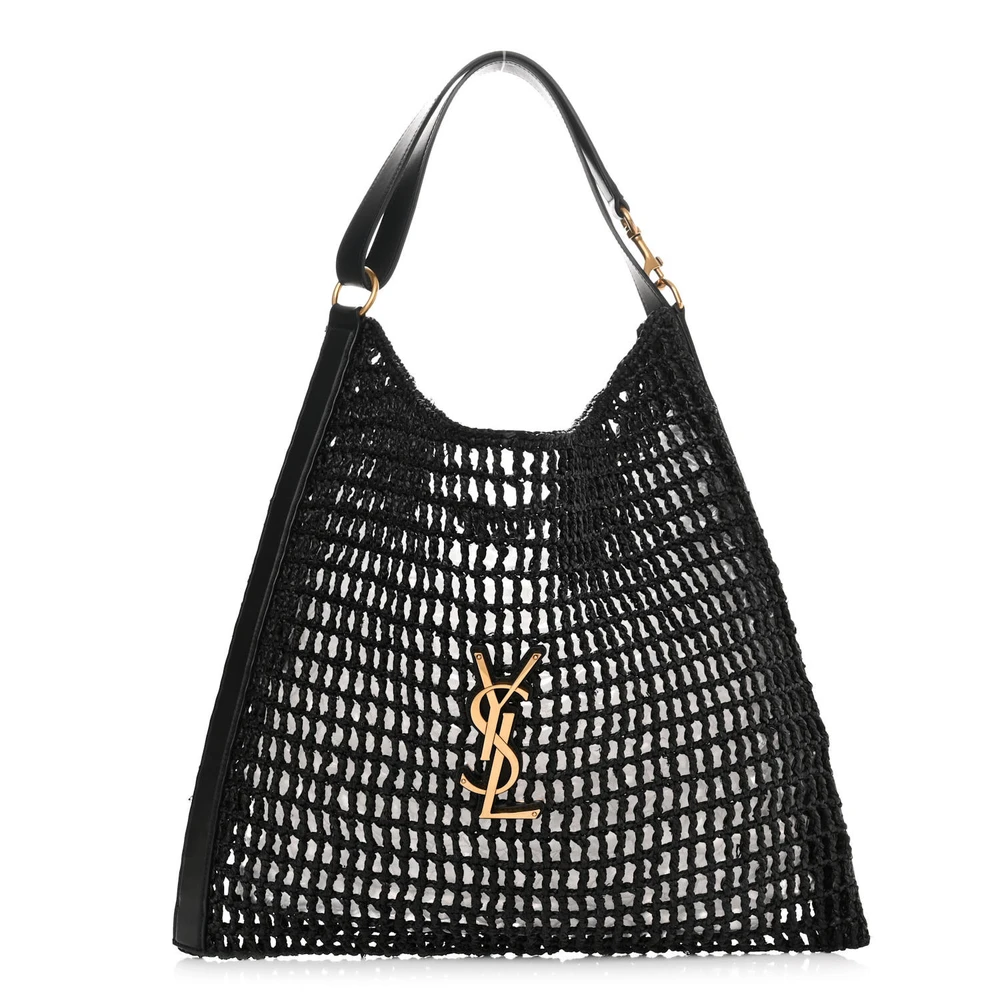 Saint Laurent Medium Oxalis Shoulder Bag Black Raffia & Calfskin Leather Gold Hardware