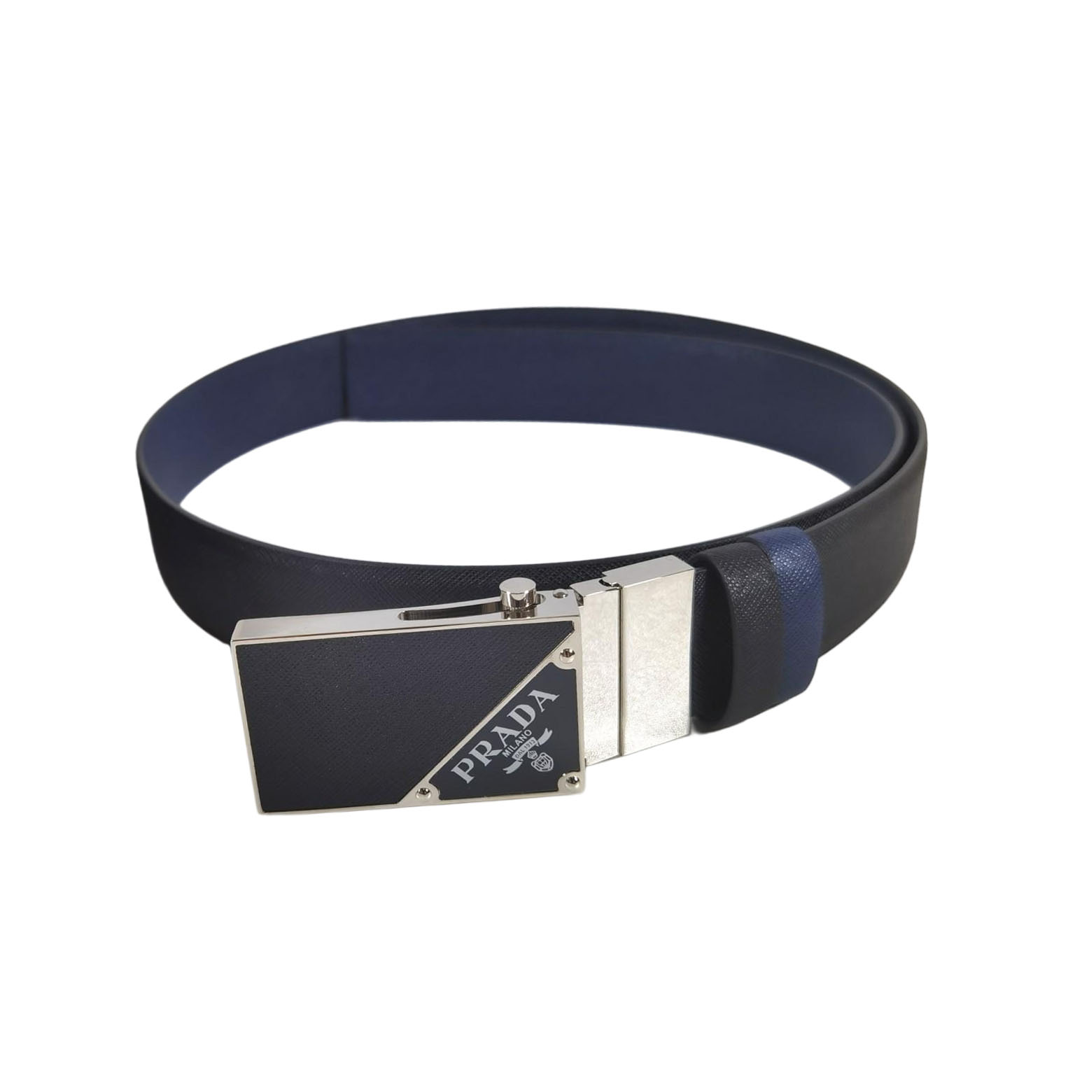 Prada Men' s Square Buckle Belt In Black/Brown/Blue/White Saffiano Calfskin With Silver Hardware 35mm