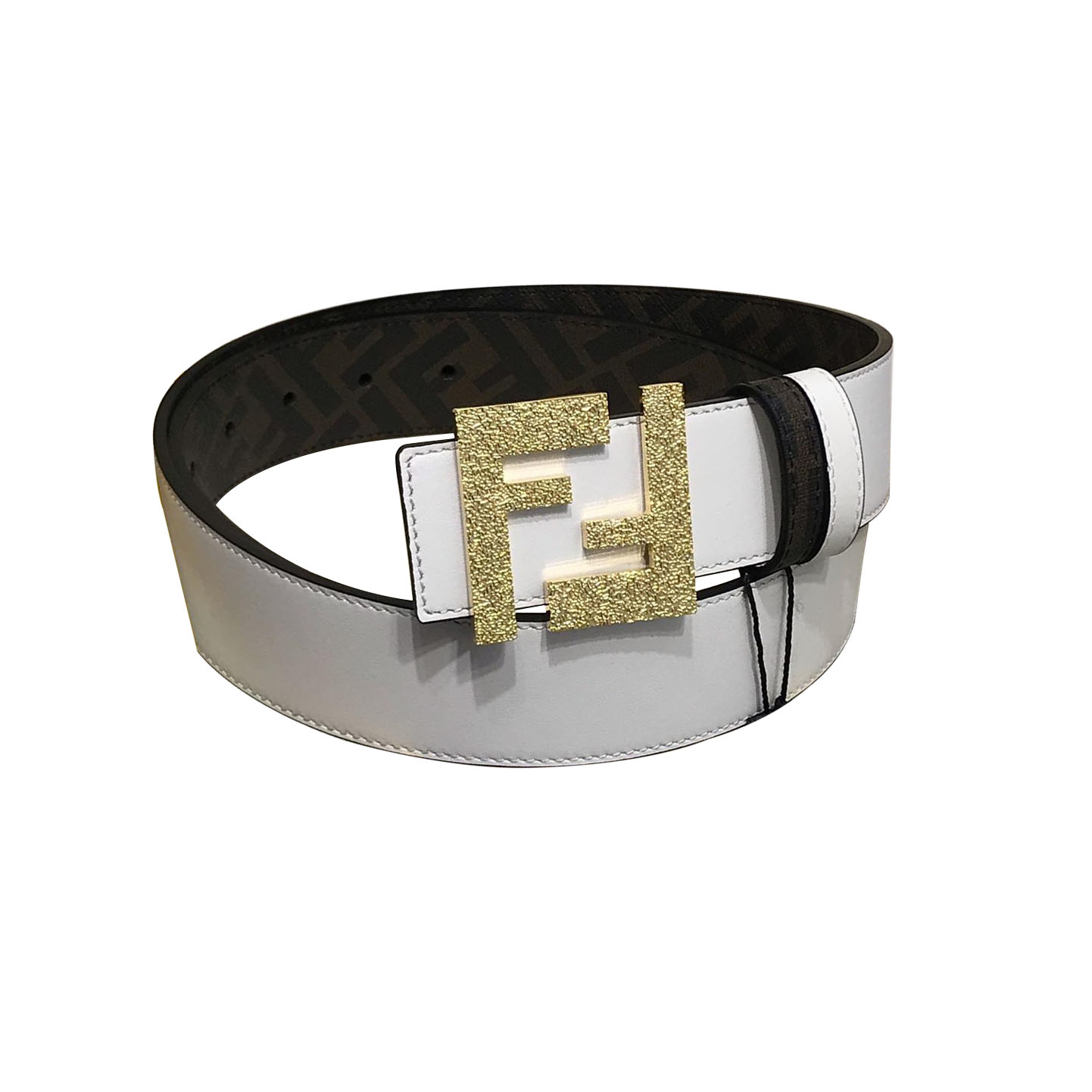 Fendi Men's FF Reversible Belt In White/Black Calfskin And FF Monogram Canvas With Gold/Silver Hardware 38mm