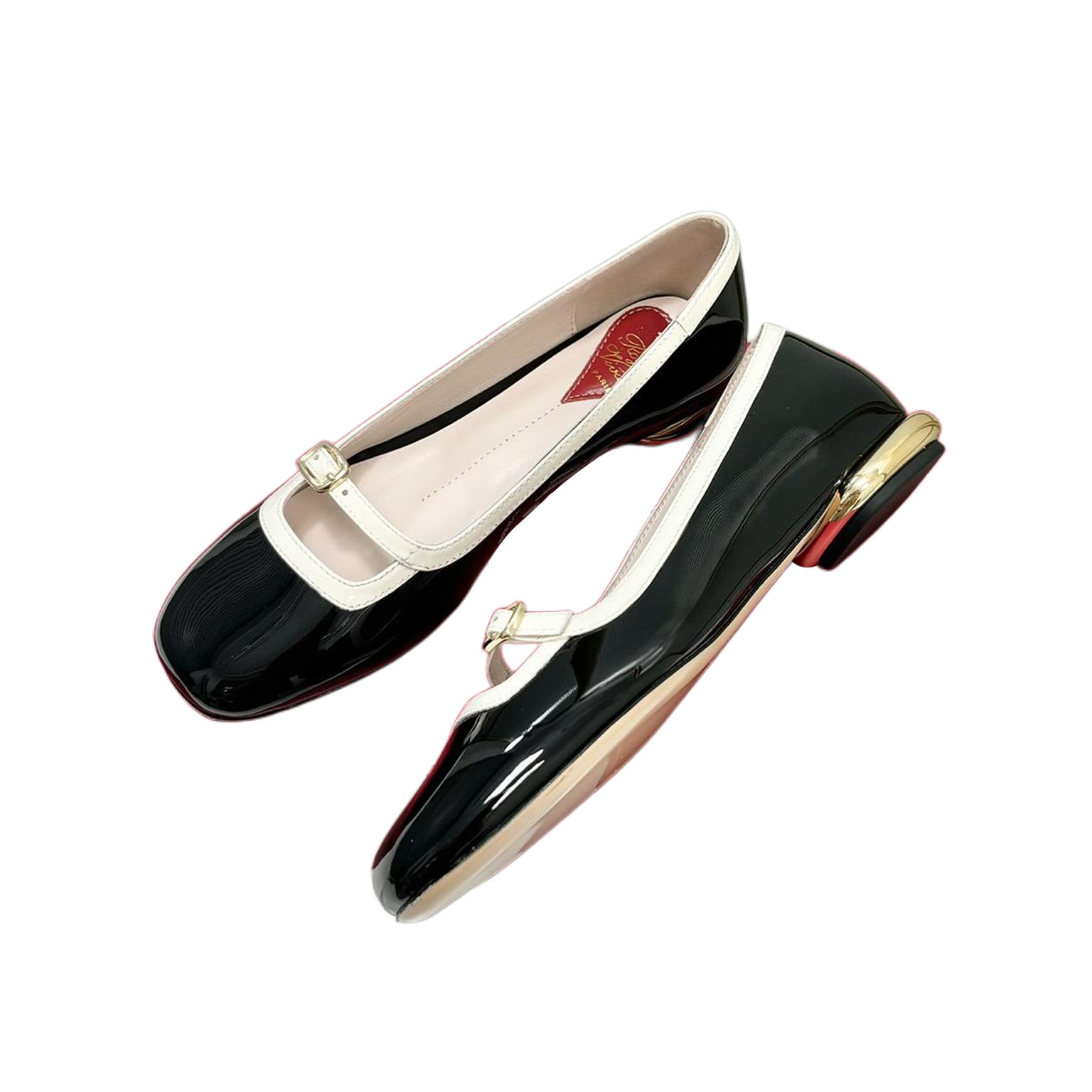 Roger Vivier Broche Vivier Ballerinas Flat Shoes In White/Black/Beige Patent Leather