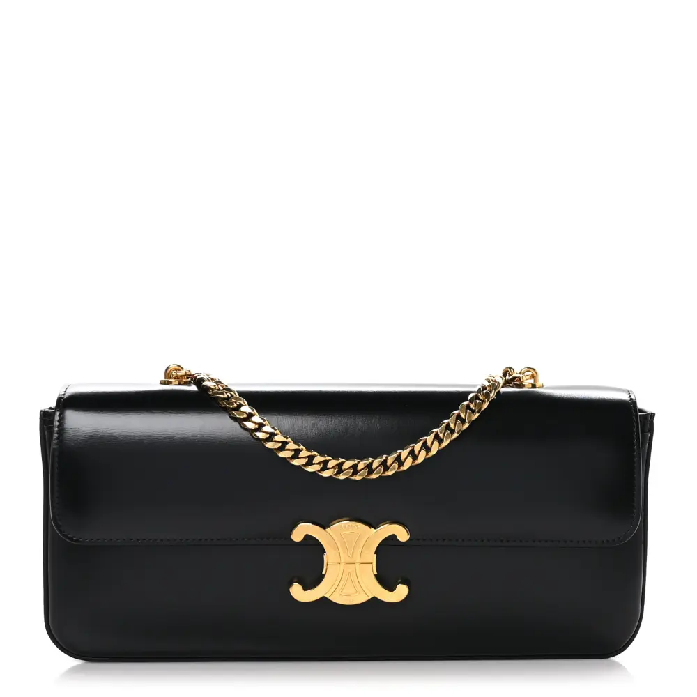 Celine Small Triomphe Chain Shoulder Bag Black Shiny Calfskin Leather Gold Hardware