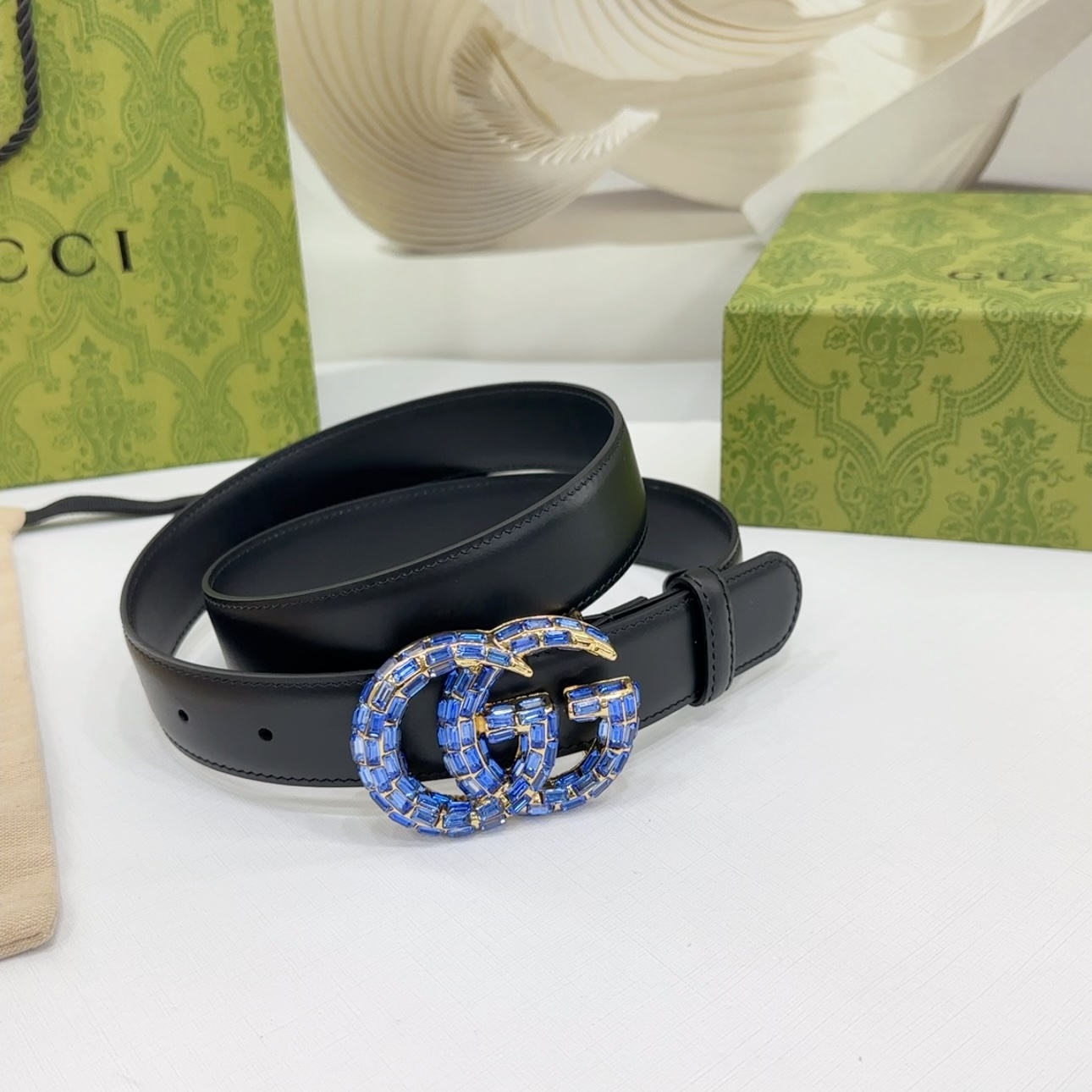 Gucci Women's GG Buckle With Crystals Marmont Thin Belt In Black/Red/Khaki/White/Grey/Green Smooth Calfskin With Gold/Silver Hardware 30mm