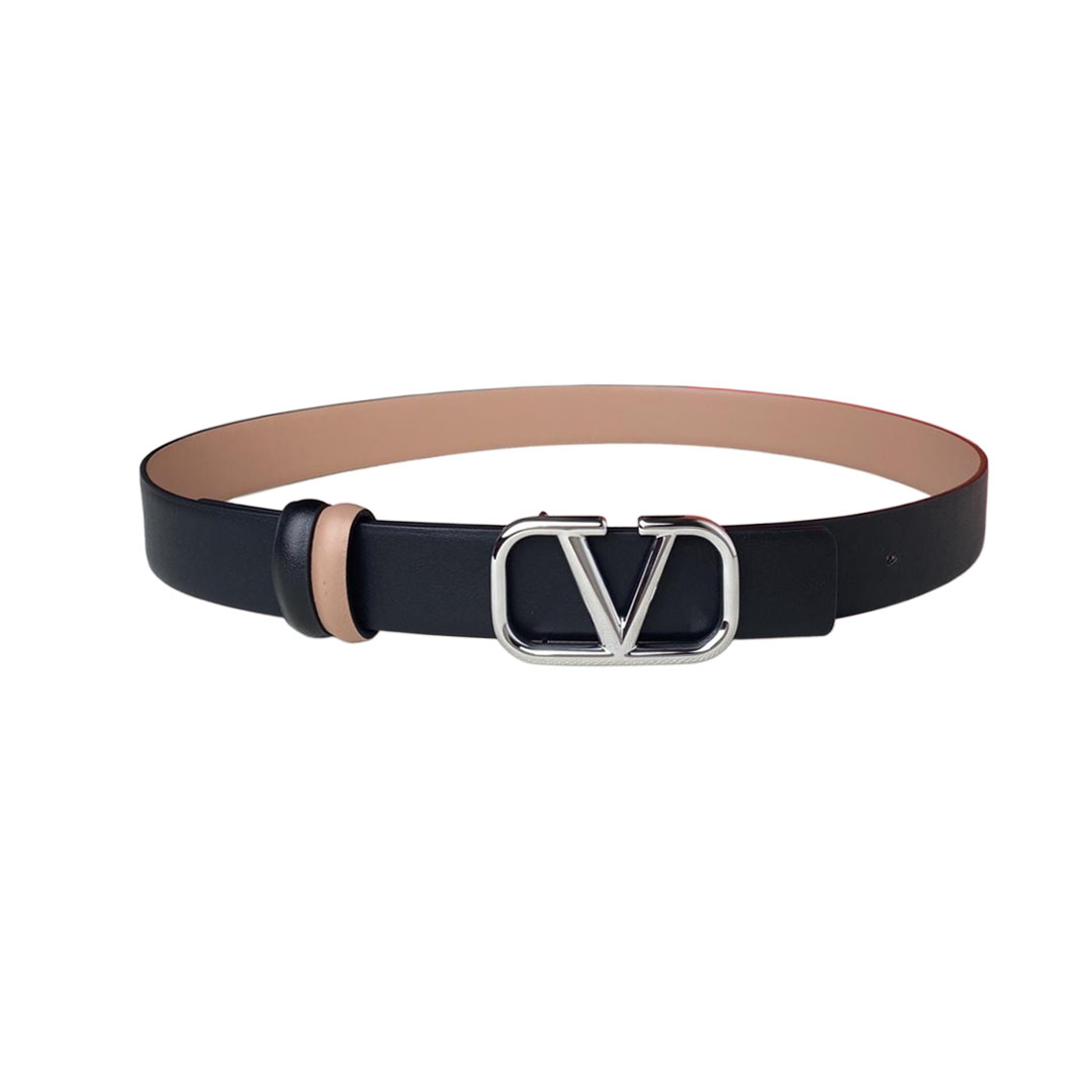 Valentino V Buckle Reversible Belt In Nude/Black/White Calfskin With Gold/Silver Hardware 30mm