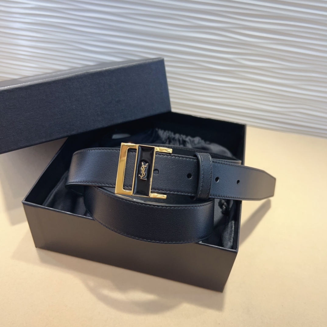 Saint Laurent GIO Belt In Black Box Calfskin With Gold/Silver Hardware 30mm