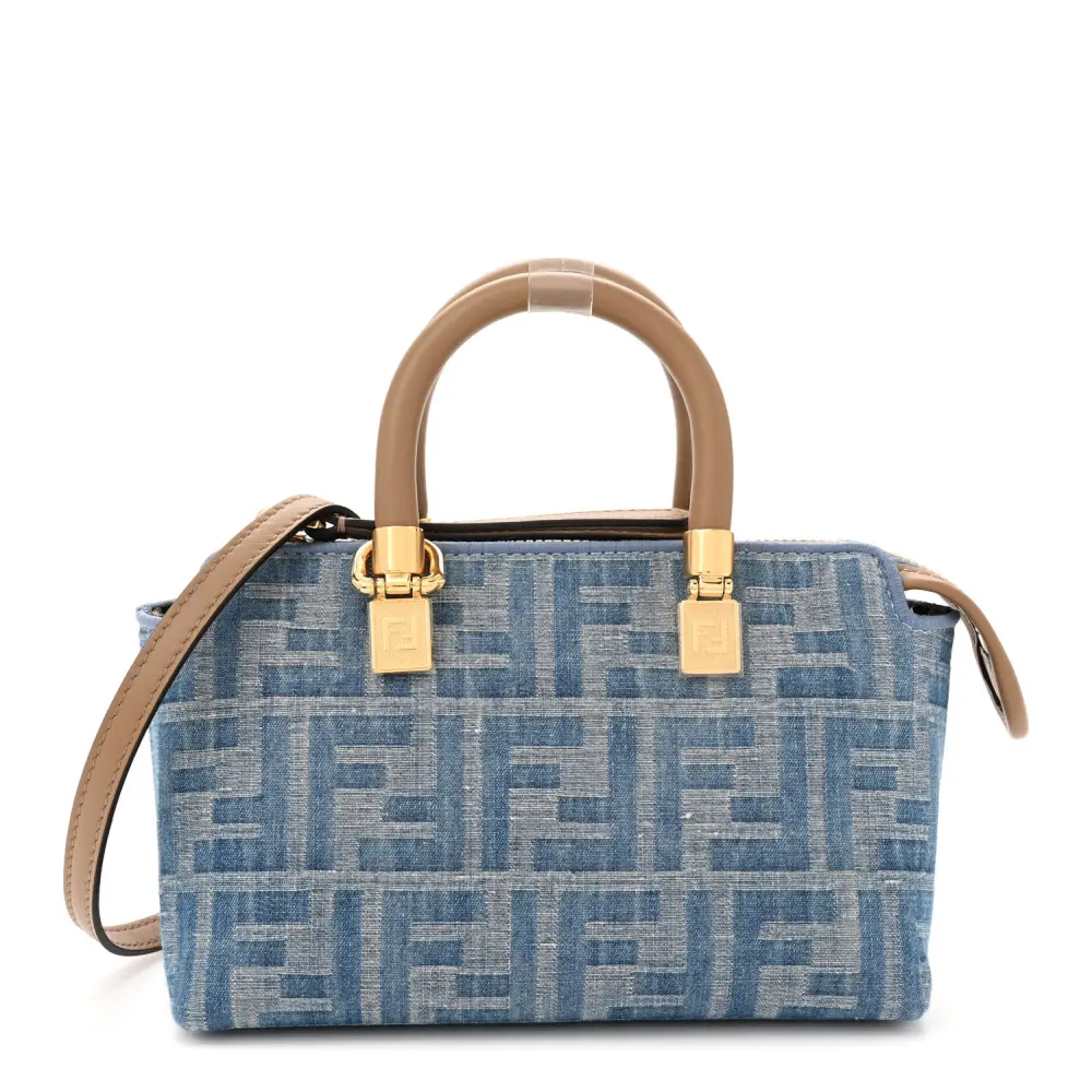 Fendi FF Mini By The Way Top Handle Boston Bag Tortora/Nuvola Denim & King Vitello Leather Gold Hardware