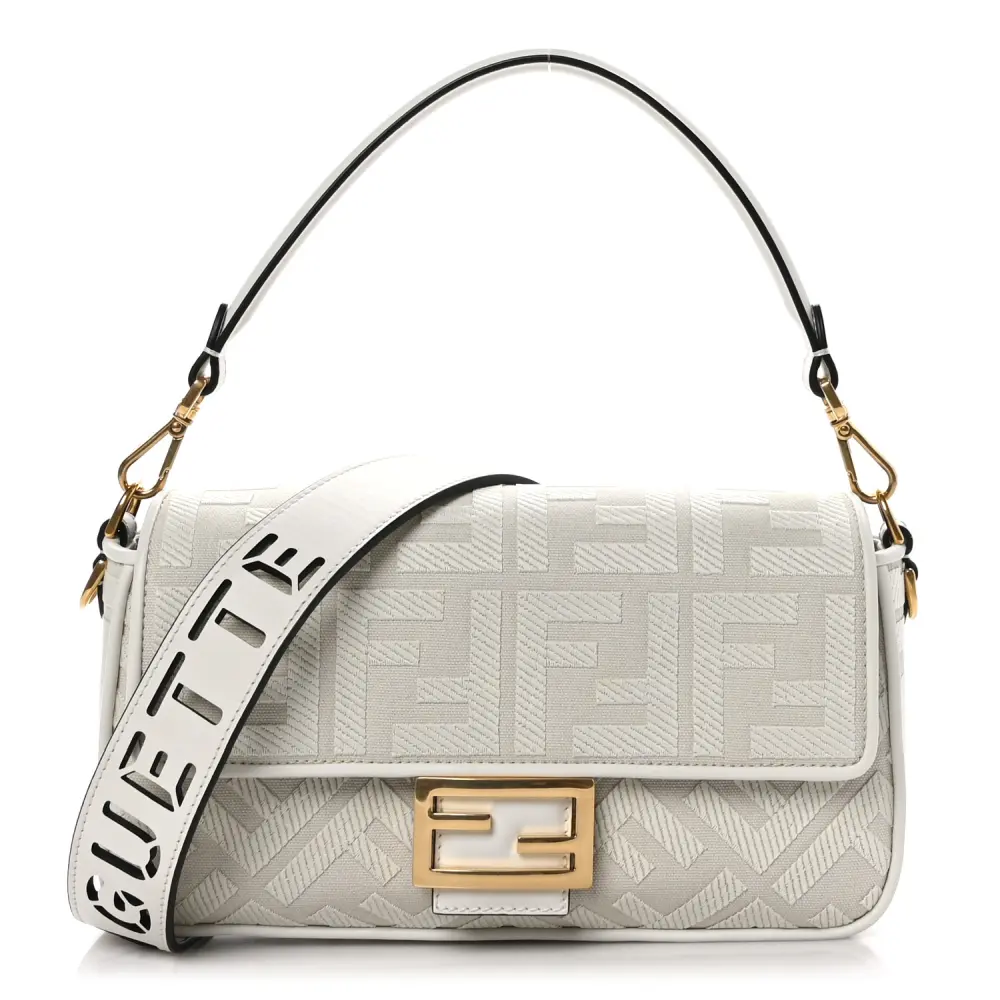 Fendi Extra Strap FF Embroidered Baguette White Ice Canvas & King Vitello Leather Gold Hardware