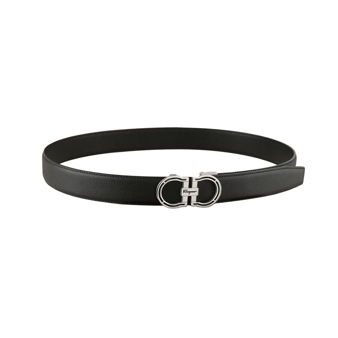 Ferragamo Men's Hollow Double Gancini Buckle Belt In Black Calfskin With Gold/Silver Hardware 35mm