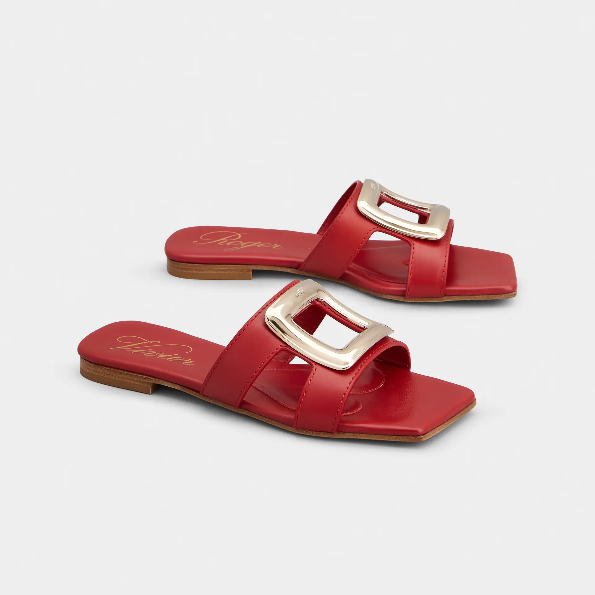Roger Vivier Viv' By The Sea Mules Flats In Red Leather With Metal Buckle