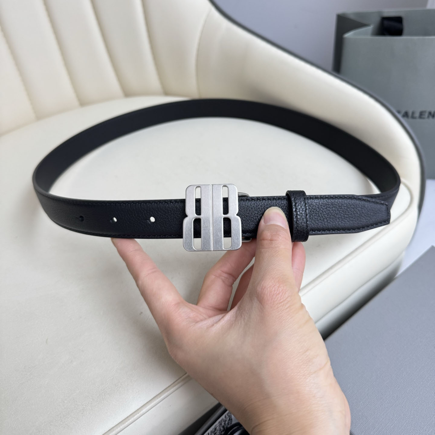 Balenciaga Women's Nano Belt In Black Grained Calfskin With Gold/Silver Hardware 25mm