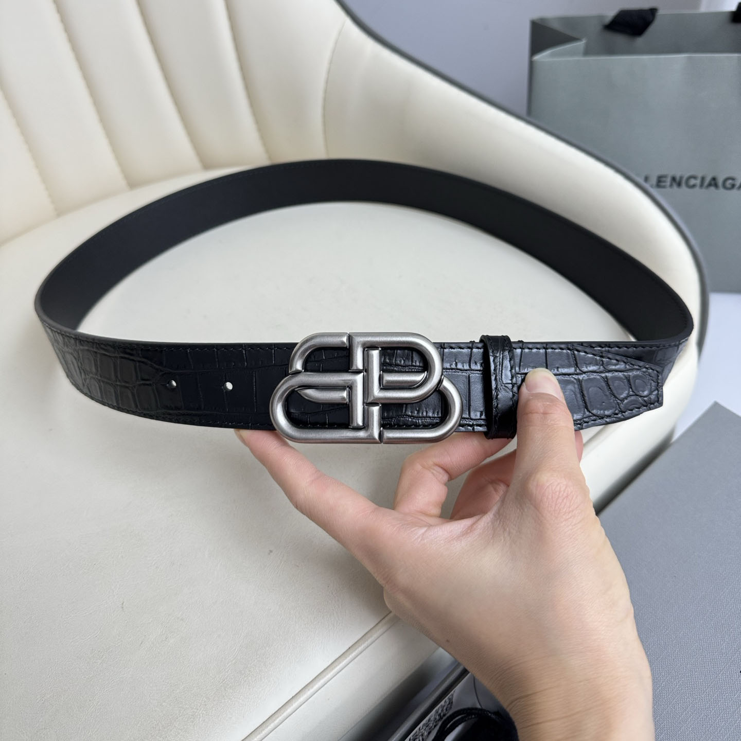 Balenciaga Men's New BB Palladium Buckle Belt In Black Embossed Crocodile Calfskin With Silver/Gold/Matte Black Hardware 35mm