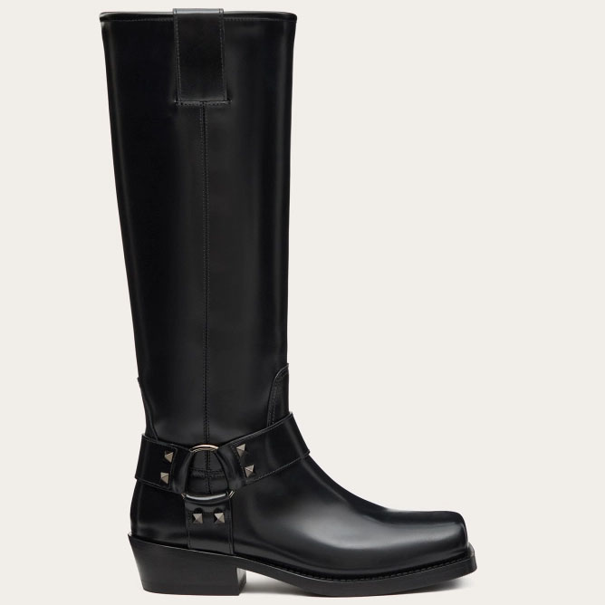 VALENTINO ROCKSTUD Calf leather motorcycle boots (heel height 4cm)