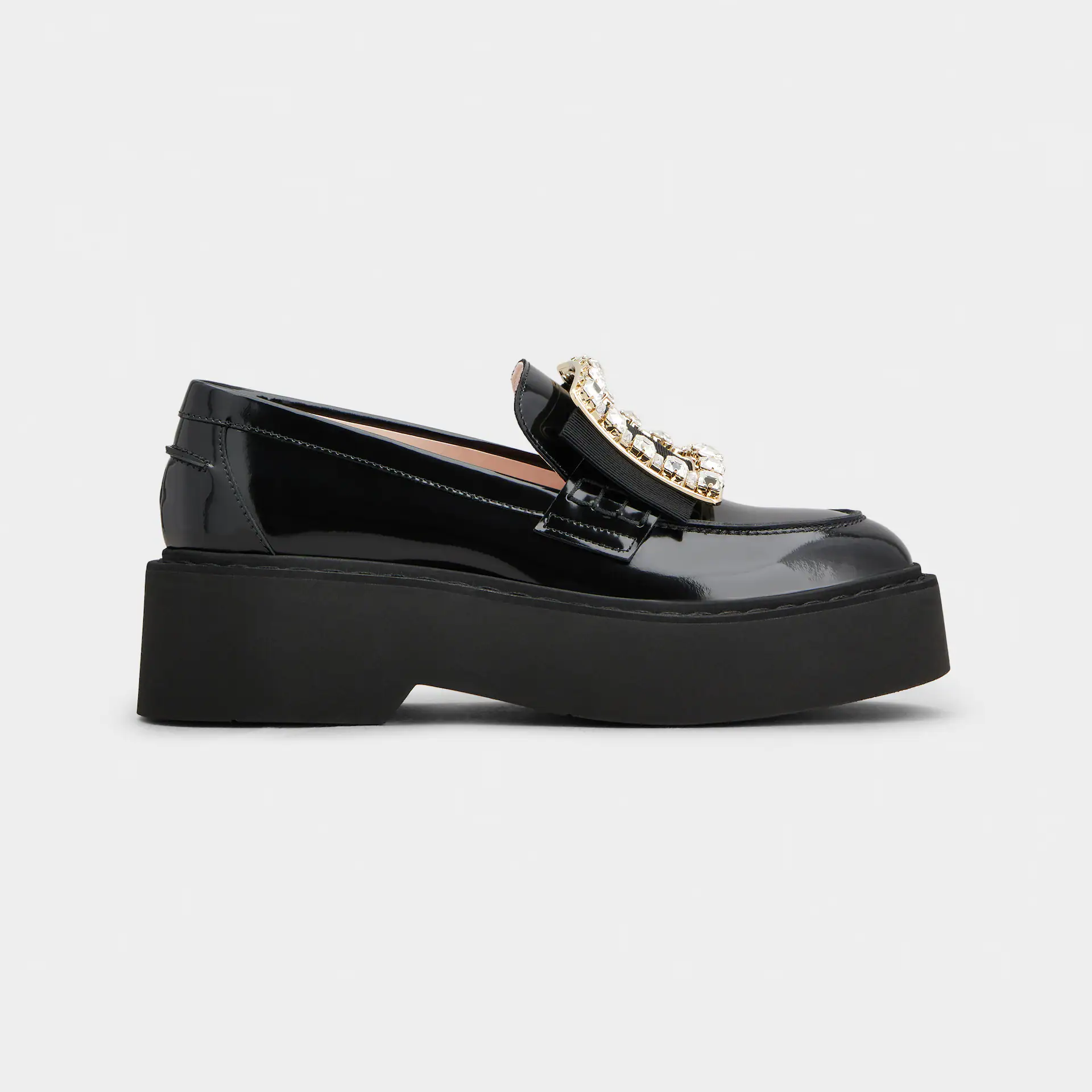 Roger Vivier Viv' Rangers Loafers In Black Patent Leather With Crystal Buckle (Heel Height 5.5cm)