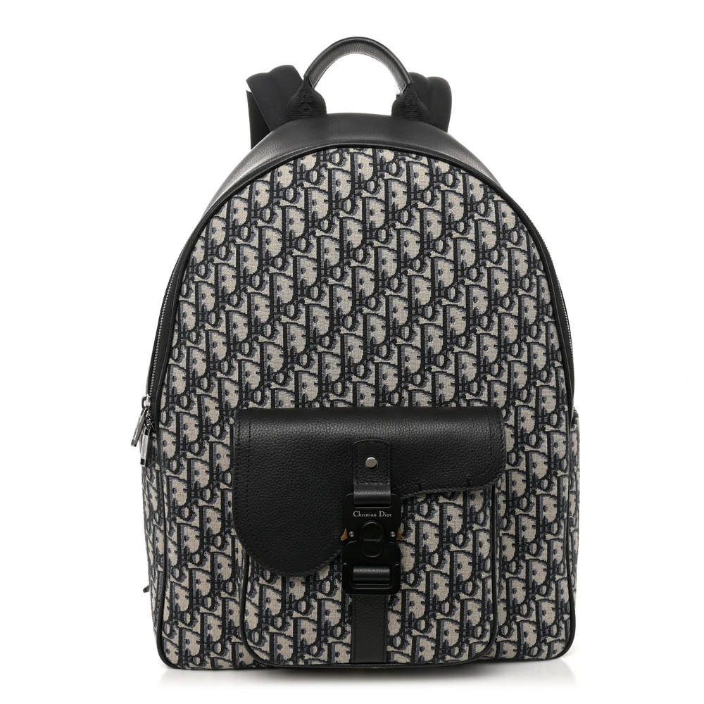 Dior Large Saddle Zip Backpack Black Oblique Canvas & Grained Calfskin Leather Silver Hardware