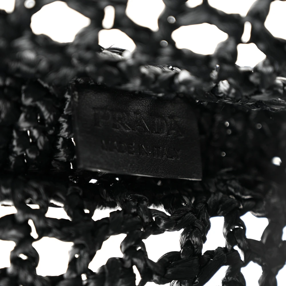 Prada Medium Effect Crochet Logo Embroidered Tote Bag Black Yarn Raffia