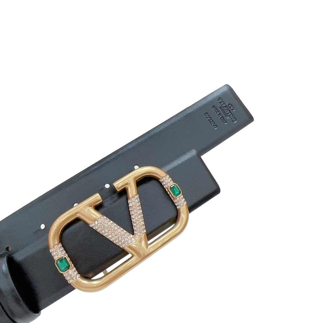 Valentino V Buckle With Crystal And Green/Red/Black/Yellow Gem Belt In Black Calfskin With Gold Hardware 40mm