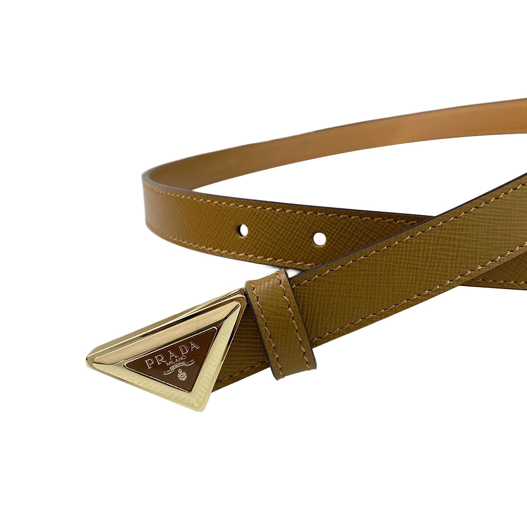 Prada Women' s Triangled Buckle Belt In Brown/Pink/White Calfskin With Gold/Silver Hardware 20mm