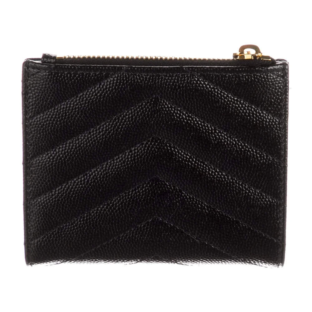 Saint Laurent Medium Compact Wallet Black Grained Calfskin Leather Gold Hardware