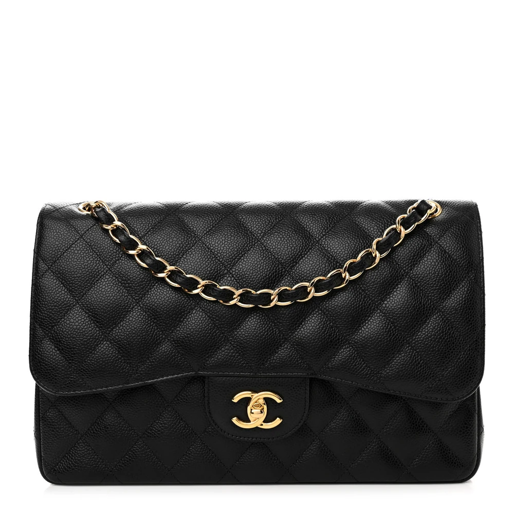 Chanel Double Flap Jumbo Black Quilted Caviar Leather Gold Hardware