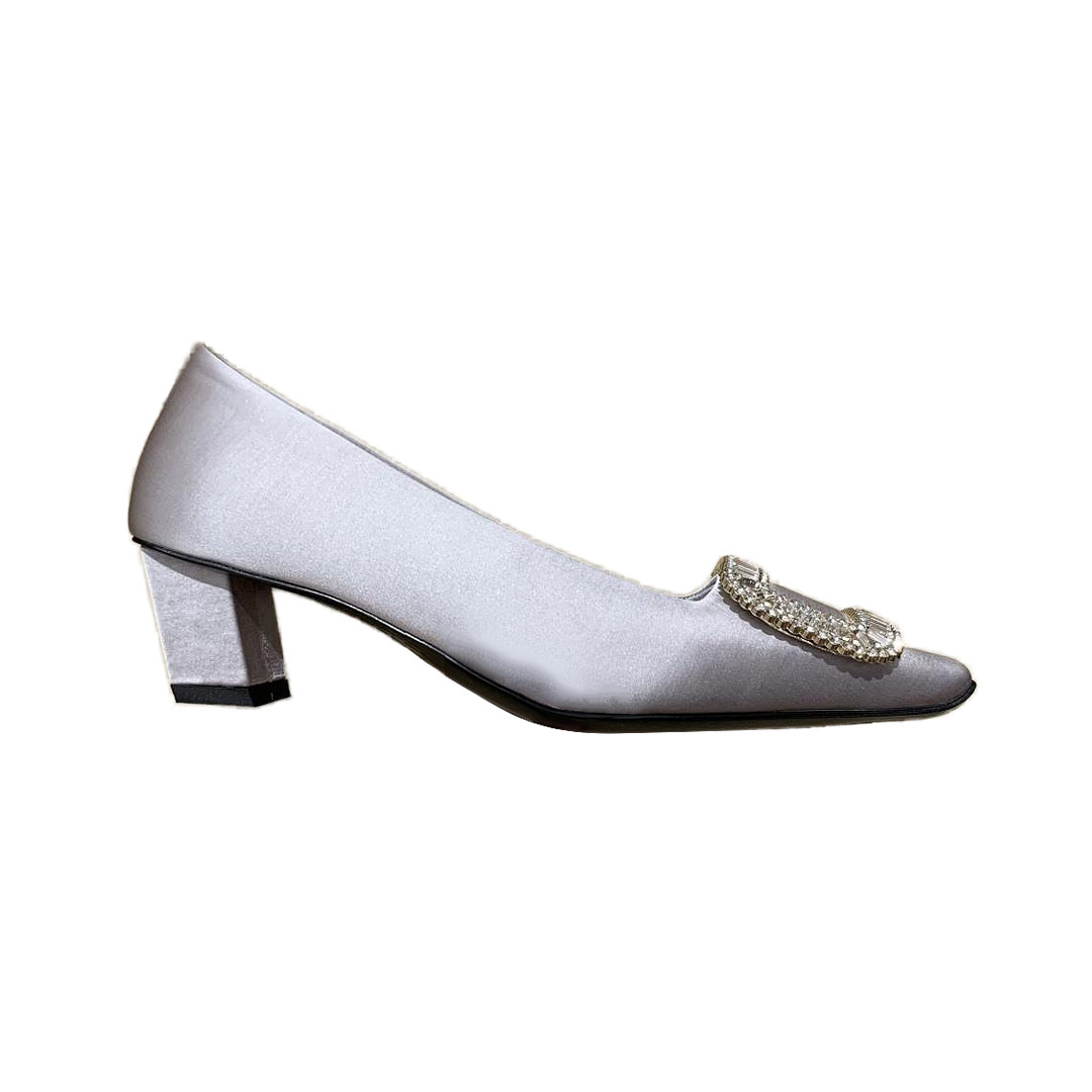 Roger Vivier Belle Vivier Pumps High Heels In Silver/White/Red/Beige Satin With Crystal Buckle (Heel Height 4.5cm)
