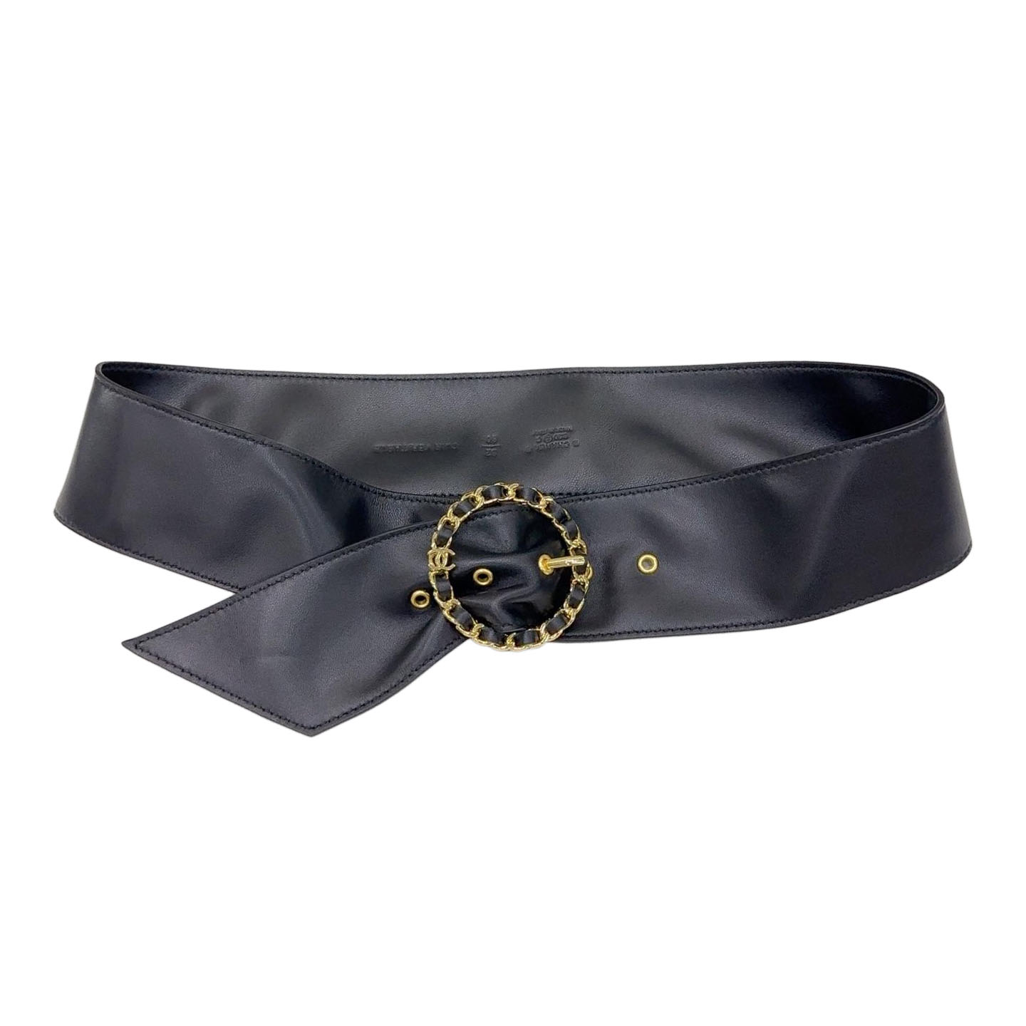 Chanel Women's Round Buckle Belt In Black Lambkin With Gold Hardware 50mm