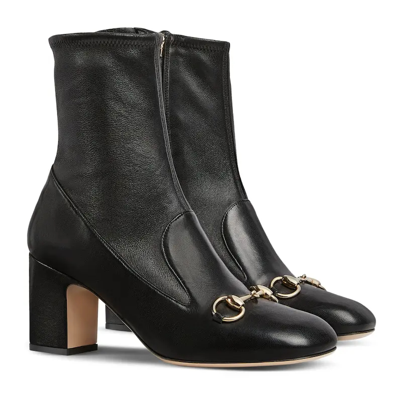 Gucci black square headed horse buckle high heels ankle boots