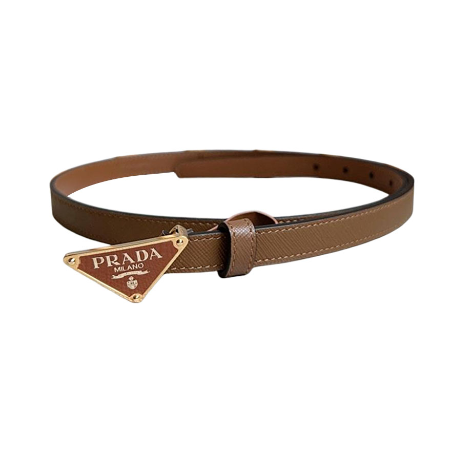 Prada Women' s Triangled Buckle Belt In Brown/Black Calfskin With Gold/Silver Hardware 15mm