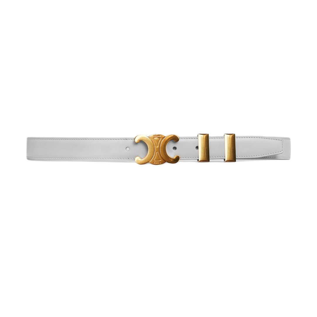 Celine Triomphe Buckle Belt In White/Brown/Black Calfskin With Gold Hardware 25mm
