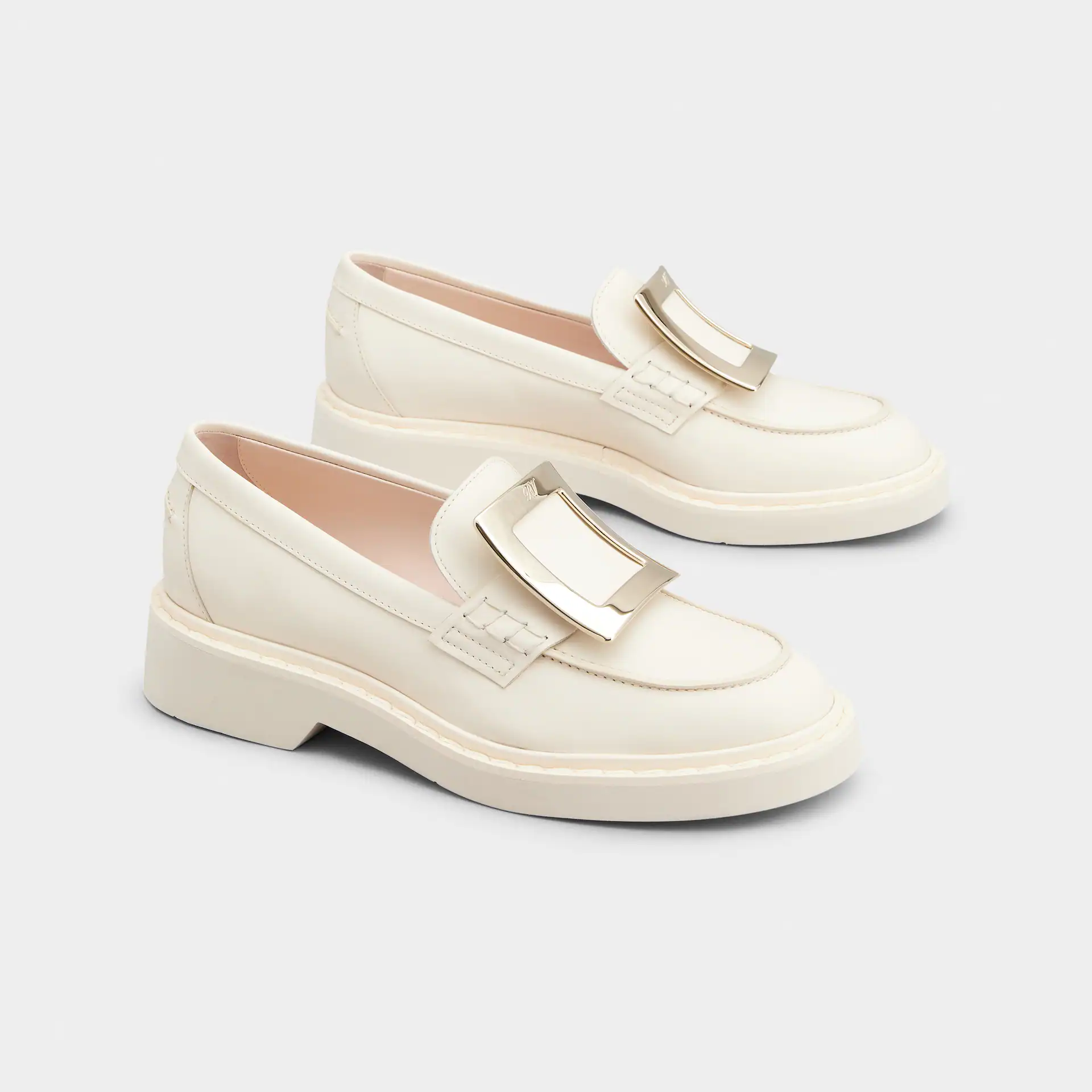 Roger Vivier Viv' Rangers Loafers In White Leather With Metal Buckle (Heel Height 2.5cm)