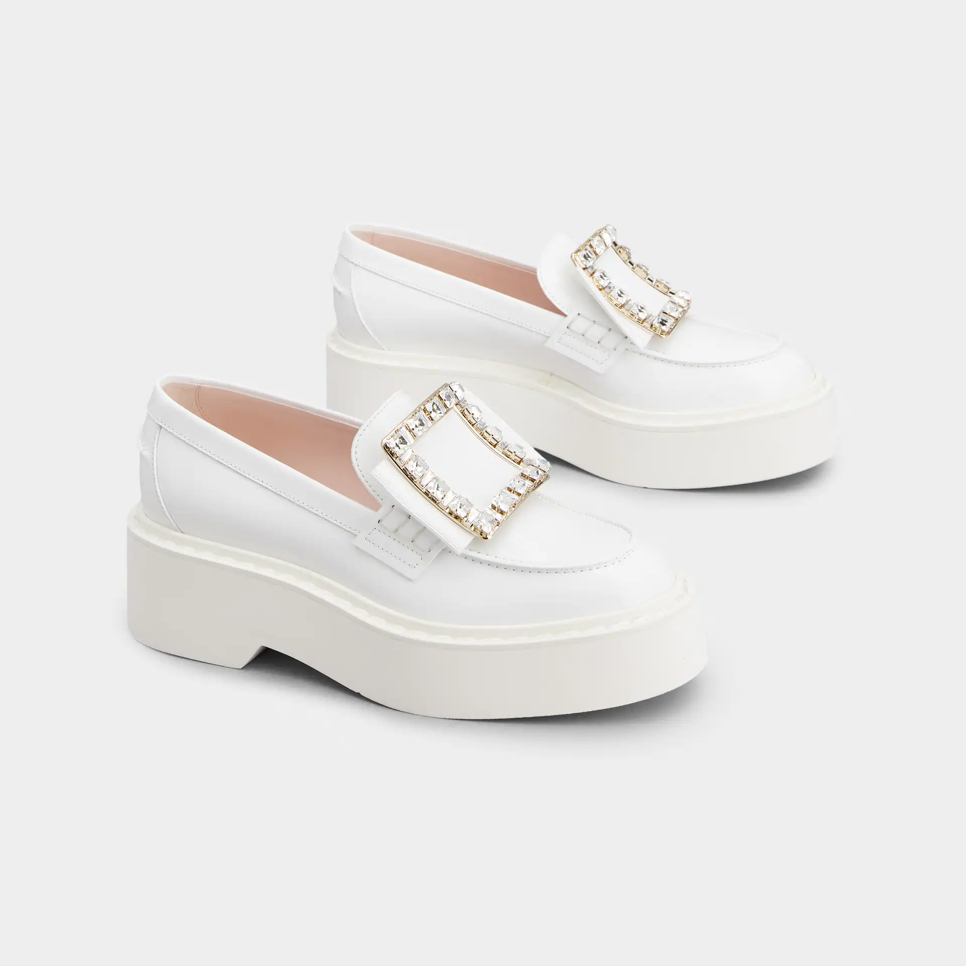 Roger Vivier Viv' Rangers Loafers In White Patent Leather With Crystal Buckle (Heel Height 5.5cm)