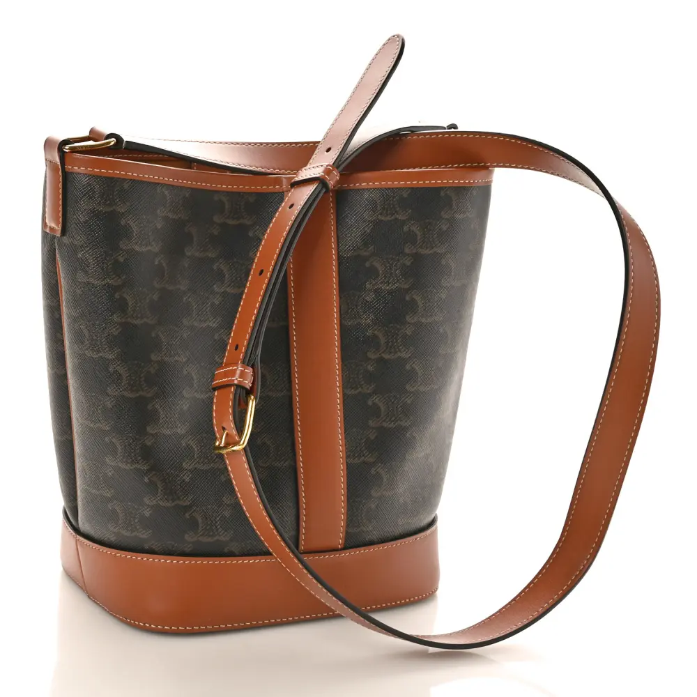Celine Small Bucket Bag Tan Triomphe Canvas & Calfskin Leather Gold Hardware