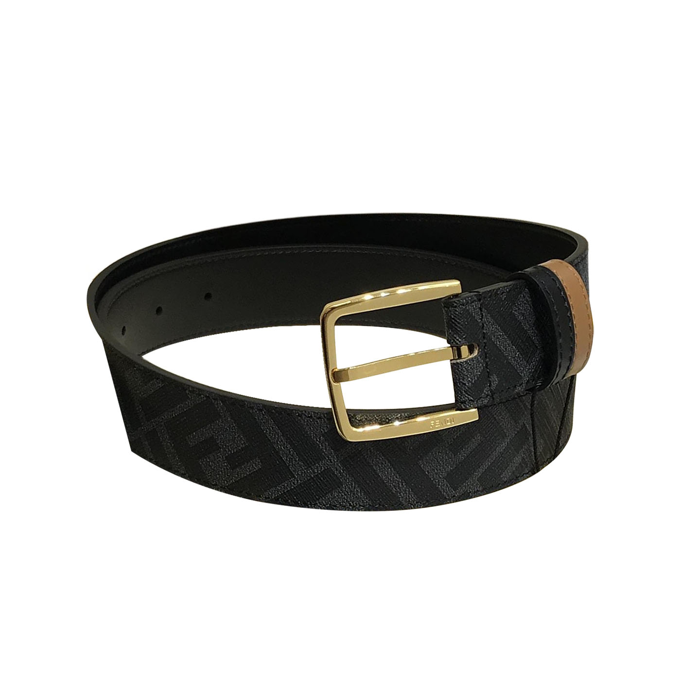 Fendi Men's Diagonal Belt In Black/Brown Calfskin And Monogram Canvas With Gold/Silver Hardware 35mm