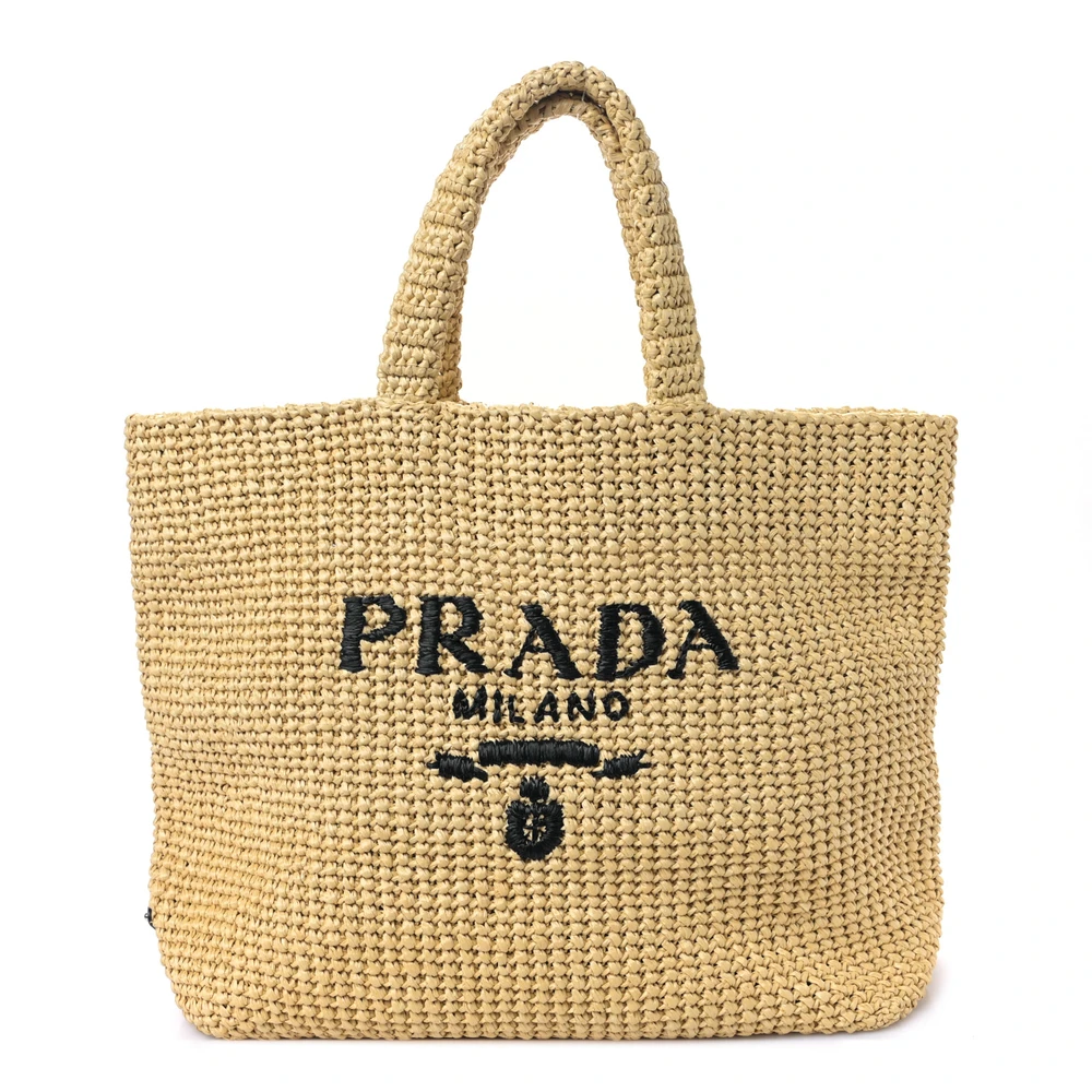 Prada Large Effect Crochet Embroidered Logo Tote Naturale Yarn Raffia