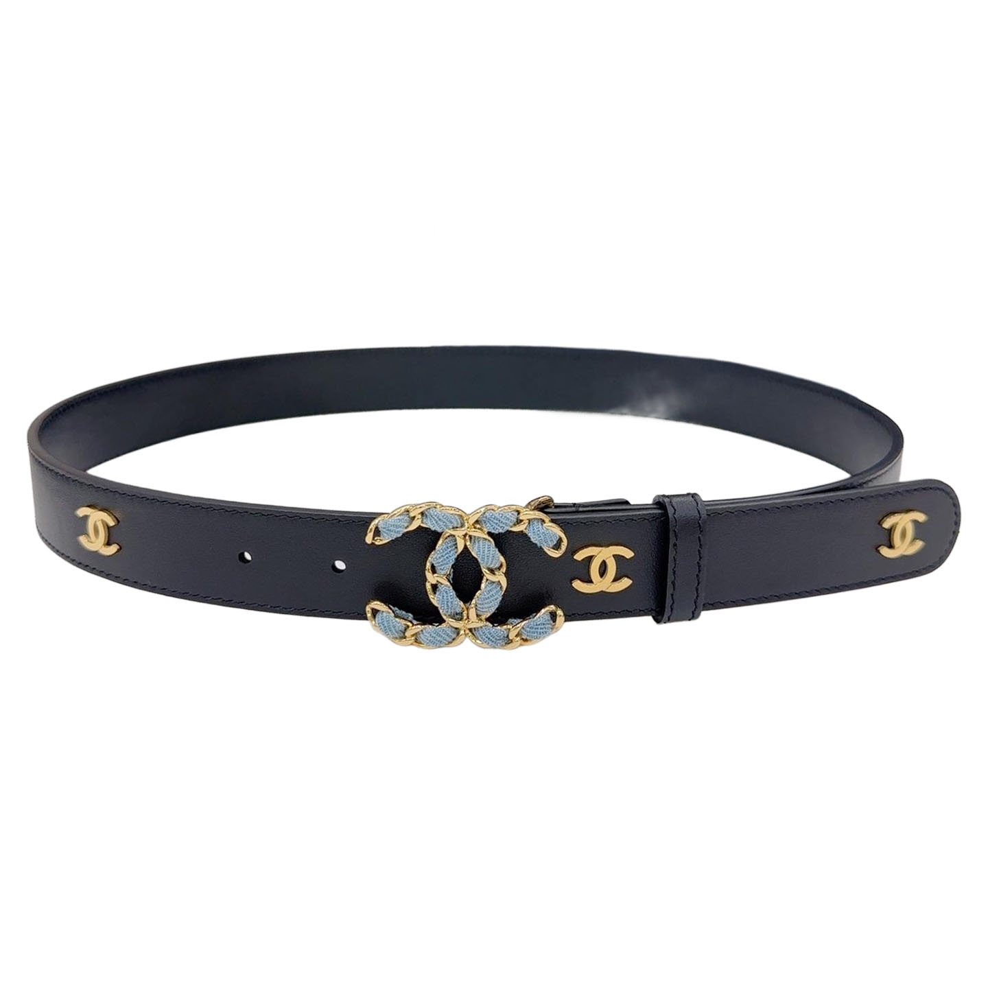 Chanel Women's CC Belt In Black/White Calfskin With Gold Hardware 30mm