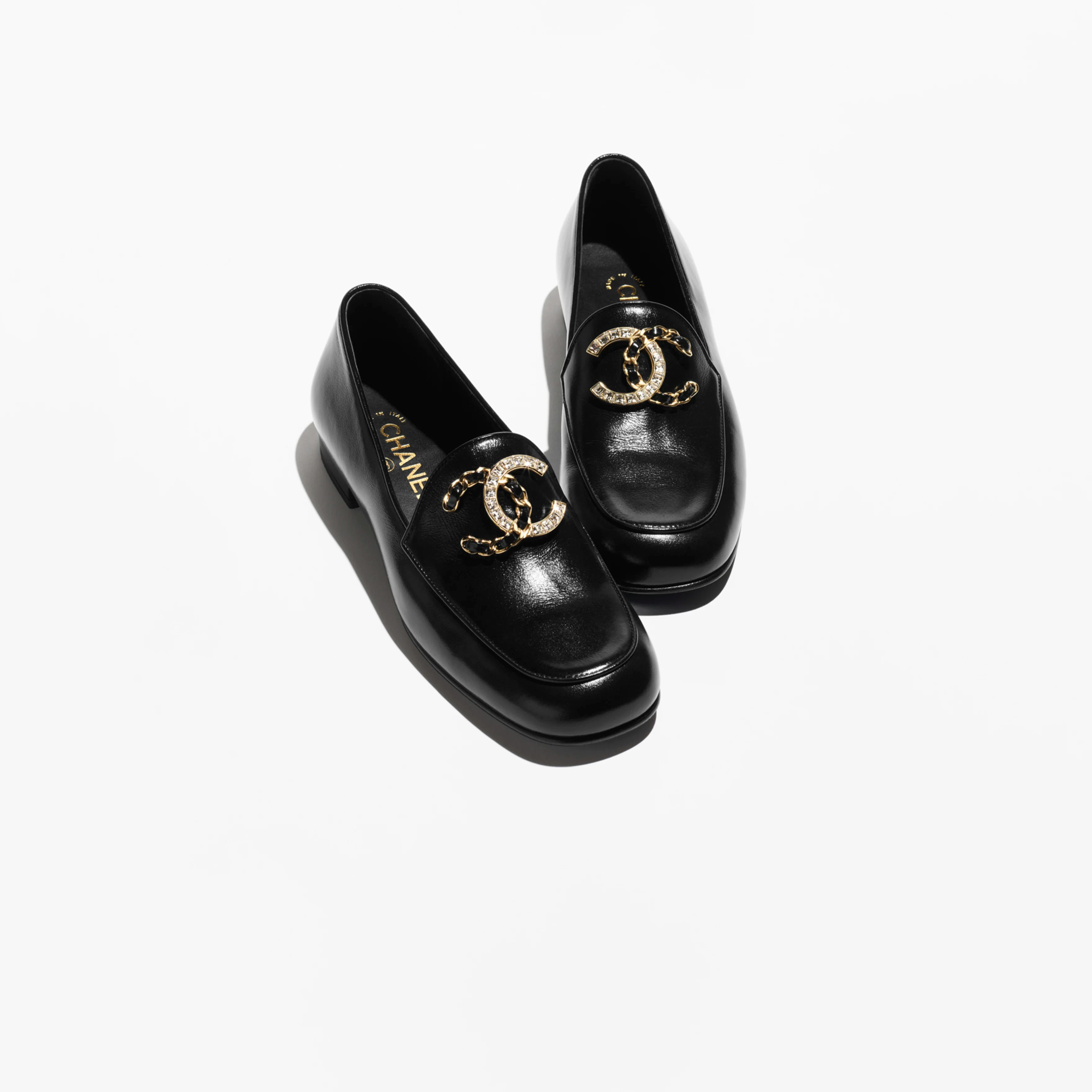 Chanel Black glossy calfskin, rhinestone and metal Loafers