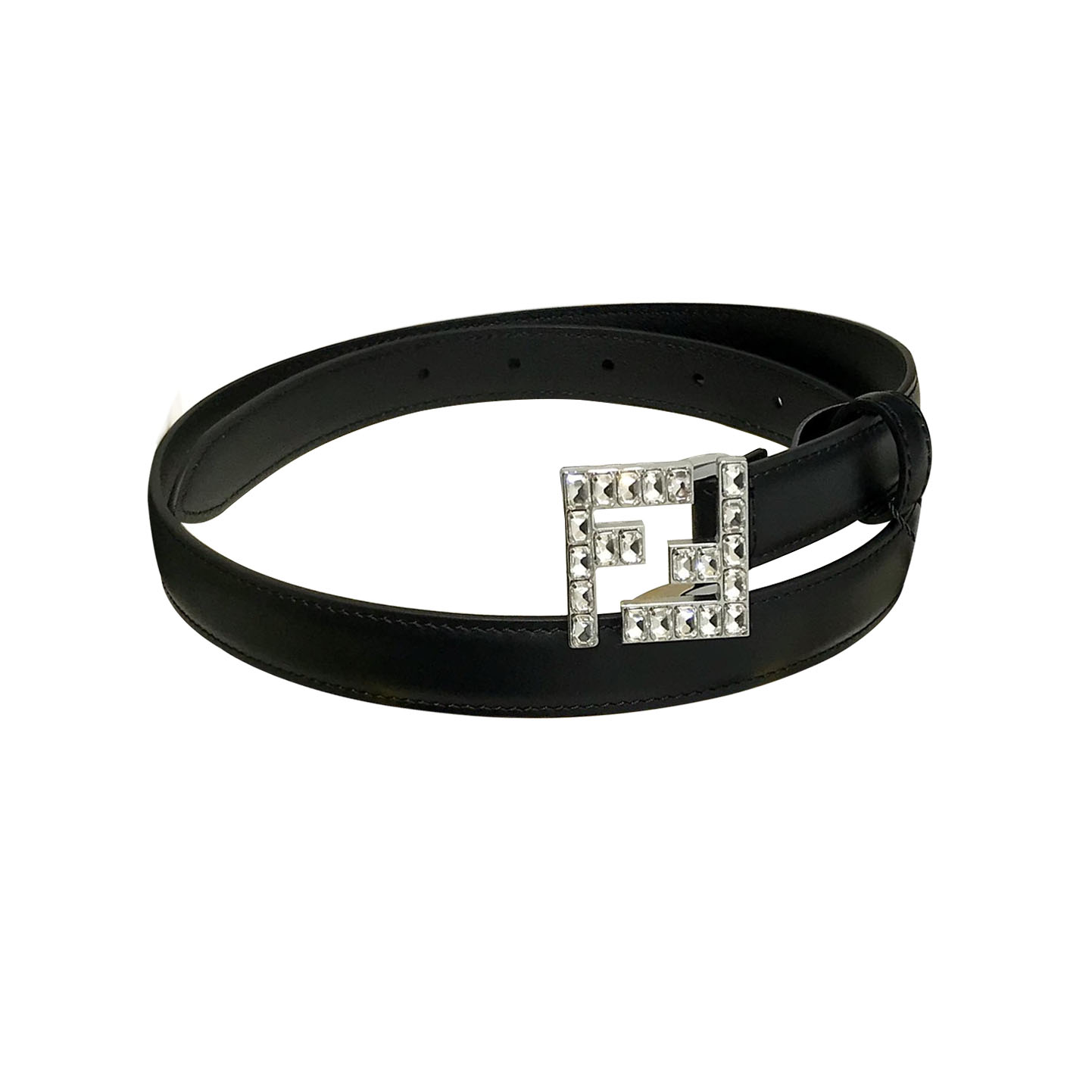 Fendi Women's FF Buckle With Crystal Belt In Black Calfskin With Silver Hardware 20mm