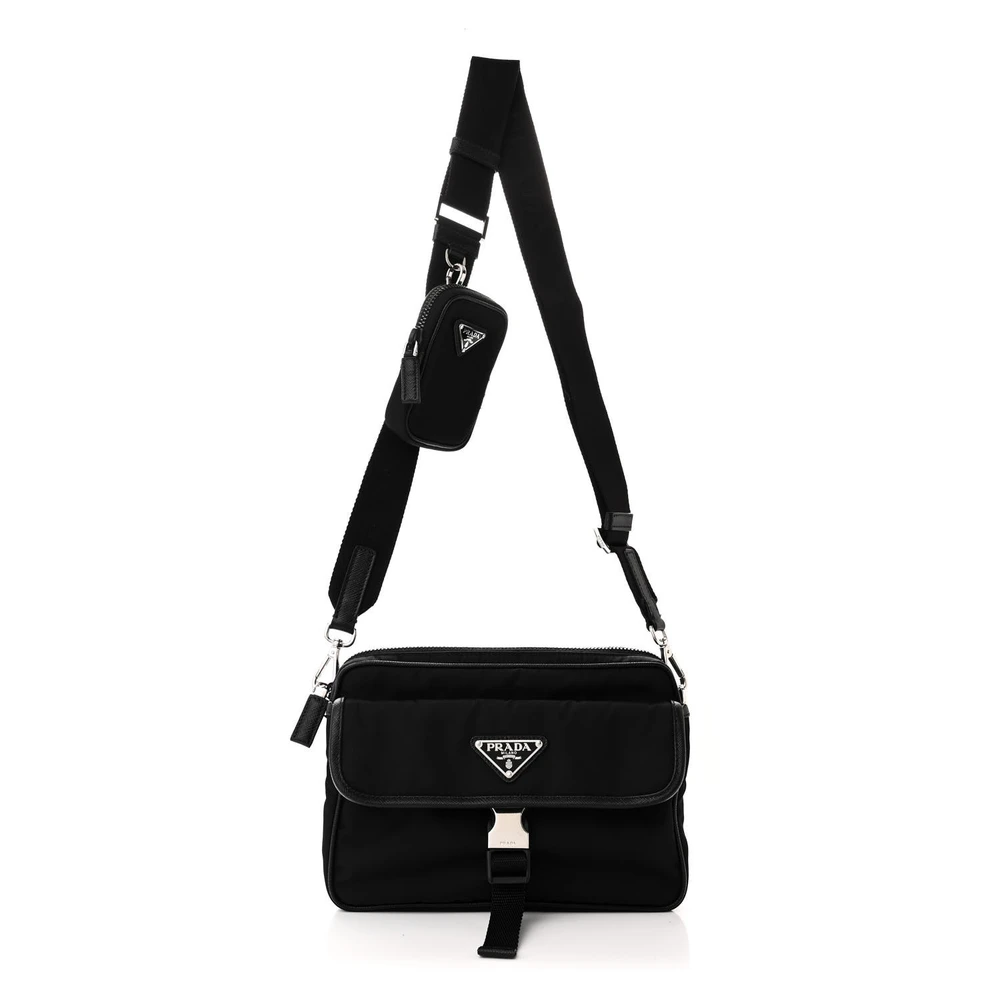 Prada Small Pocket Single Snap Buckle Shoulder Bag Black Re-Nylon & Saffiano Leather Silver Hardware