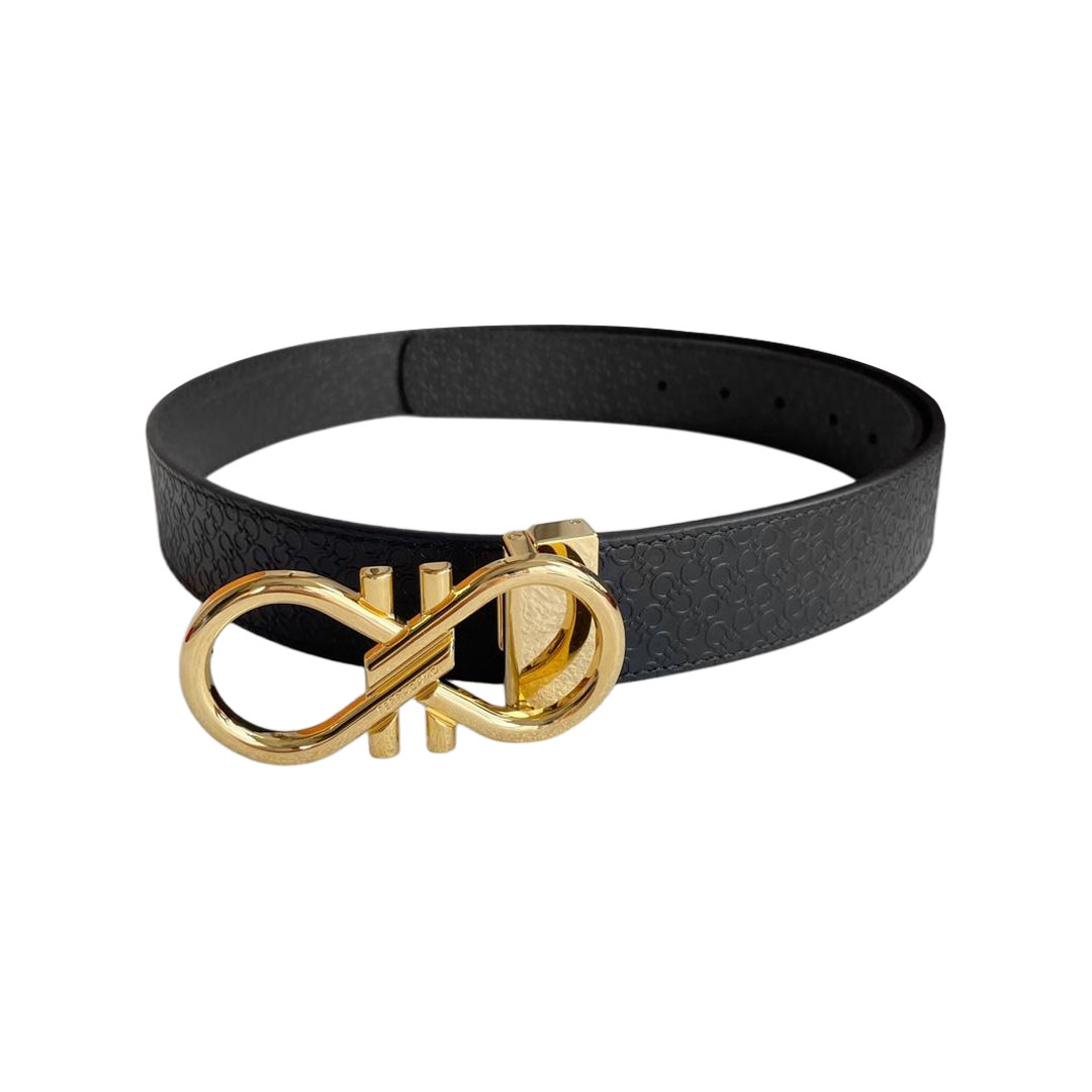 Ferragamo Men's Double Buckle Reversible Belt In Black/Coffee Gancini Monogram Calfskin With Gold/Silver/Gun Black Hardware 35mm