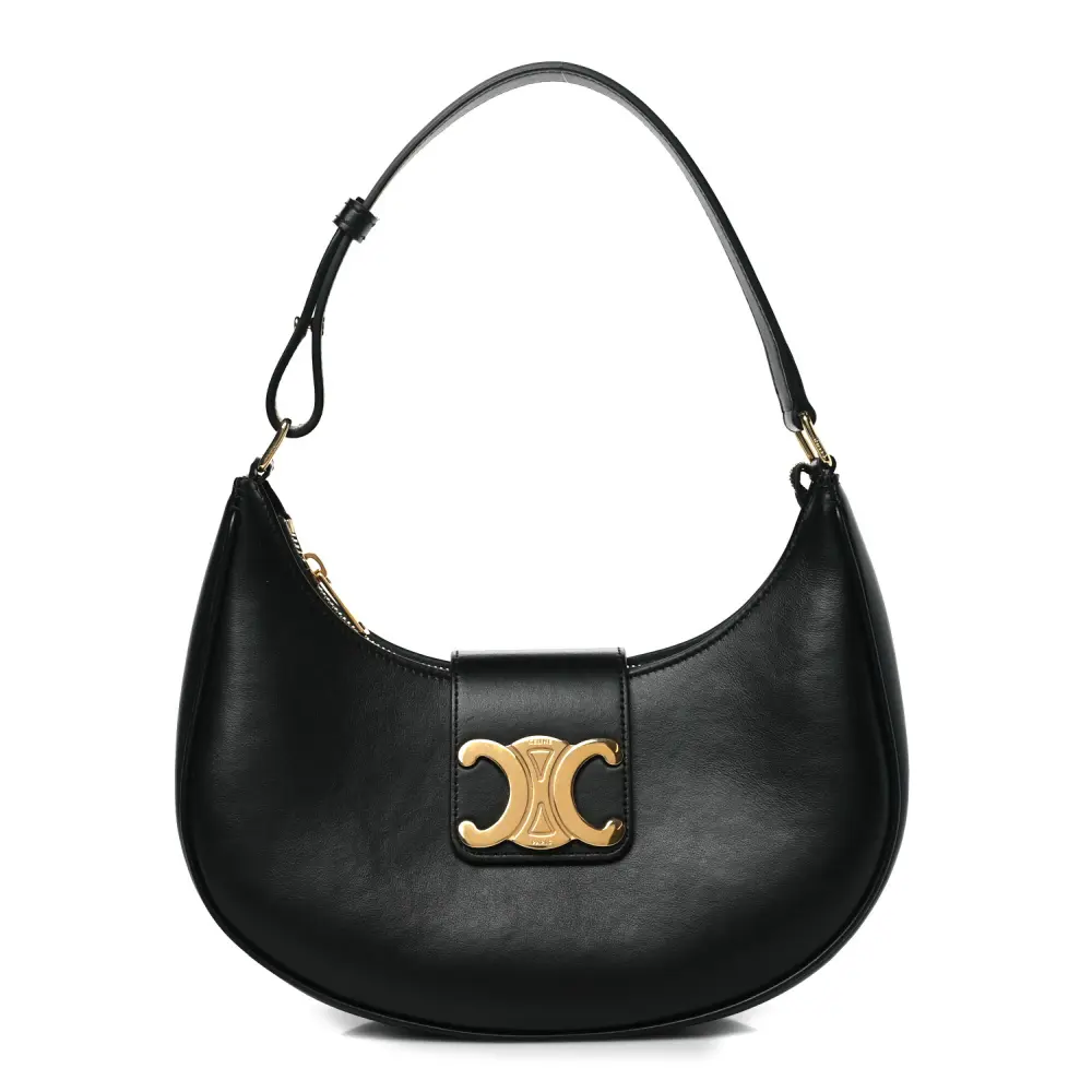 Celine Medium Strap Ava Triomphe Shoulder Bag Black Smooth Calfskin Leather Gold Hardware