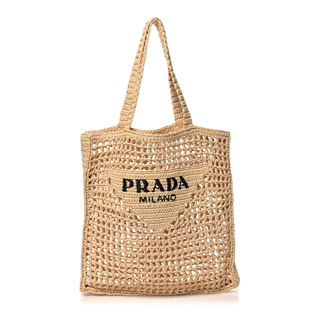 Prada Medium Effect Crochet Logo Embroidered Tote Naturale Yarn Raffia