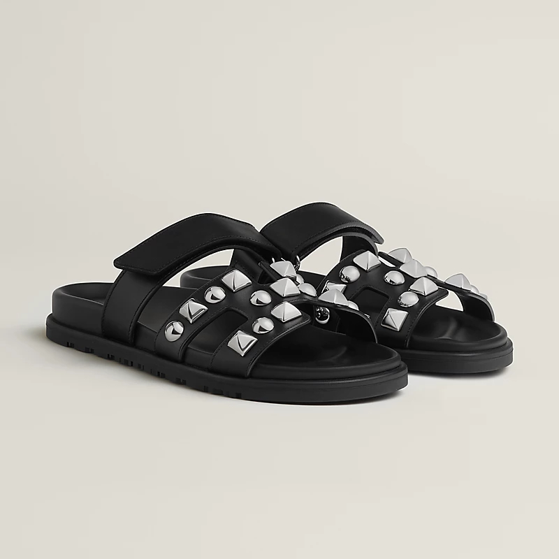 HERMES Chypre Black Studs of rivets Slippers