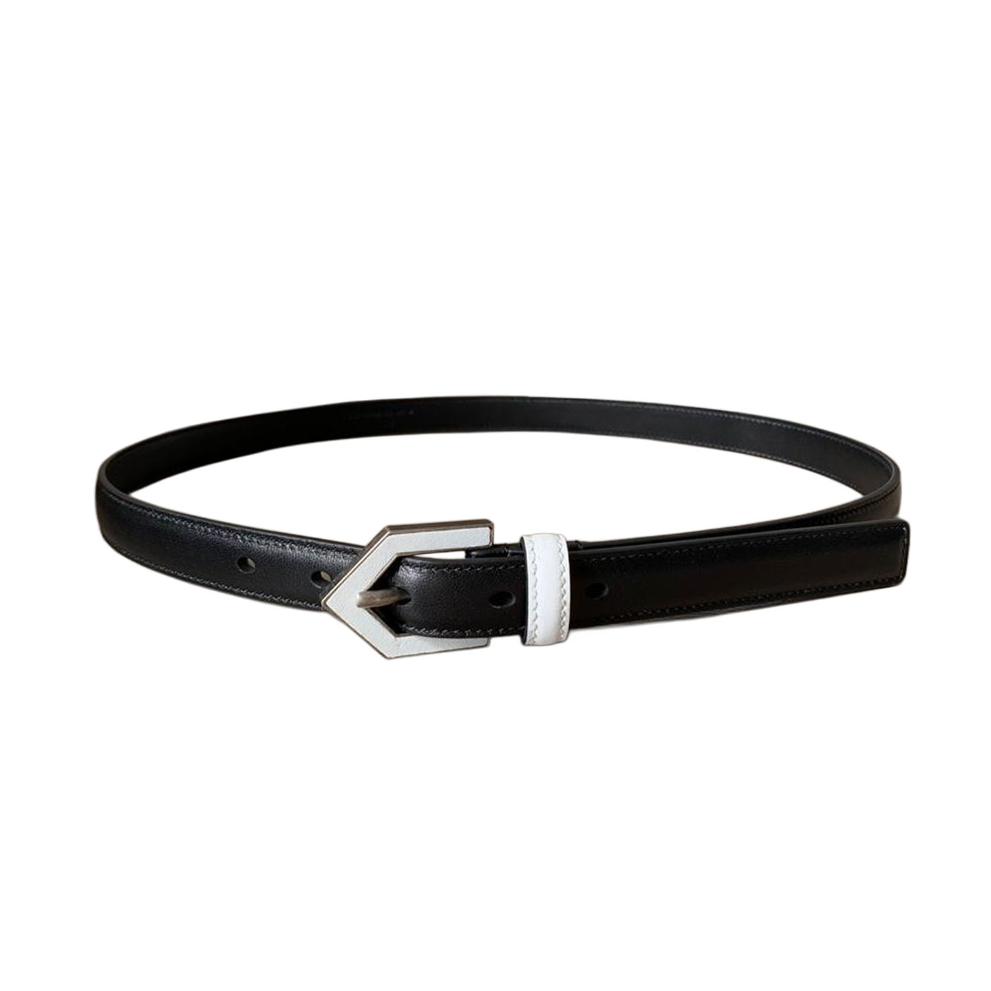 Saint Laurent Triangle Frame Buckle Thin Belt In Black/White Smooth Calfskin With Silver Hardware 20mm