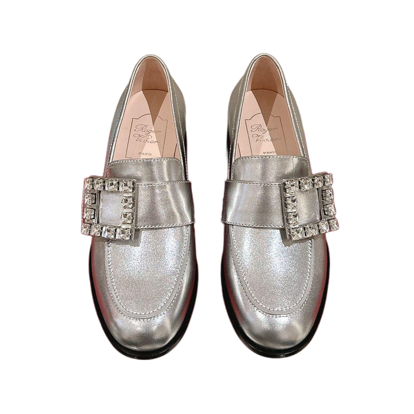Roger Vivier Viv' Rangers Loafers In Silver Leather With Crystal Buckle (Heel Height 5.5cm)