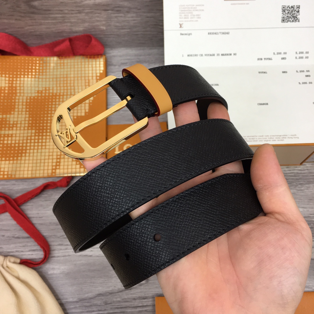 Louis Vuitton Men's Timeless Germain Belt In Black Calfskin With Gold/Silver/Gun Black Hardware 35mm