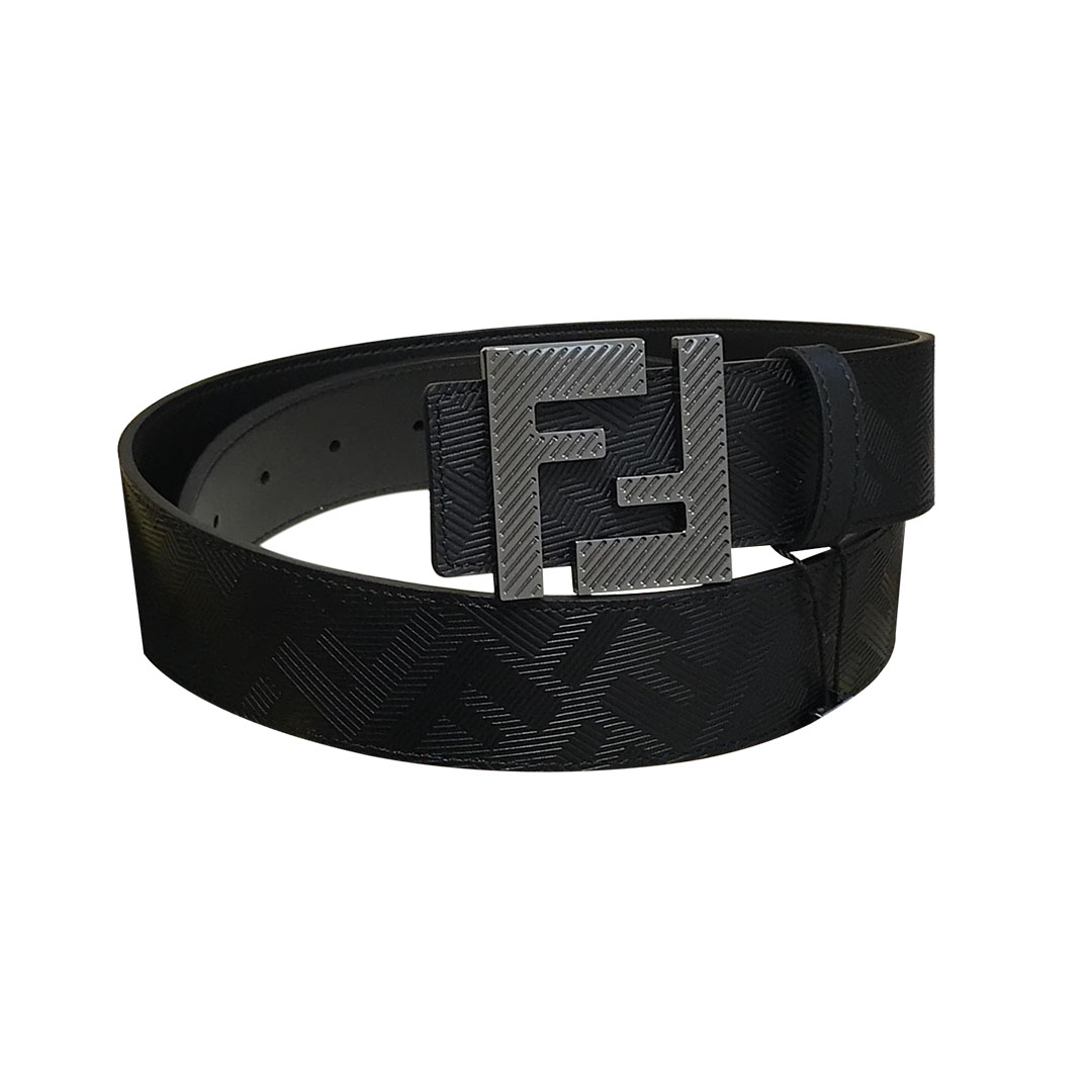 Fendi Men's FF Buckle Belt In Black F Embossed Calfskin With Gun Black Hardware 38mm