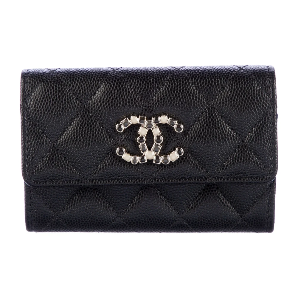 Chanel Small Interlocking CC Logo Wallet Black Quilted Caviar Leather Silver Hardware