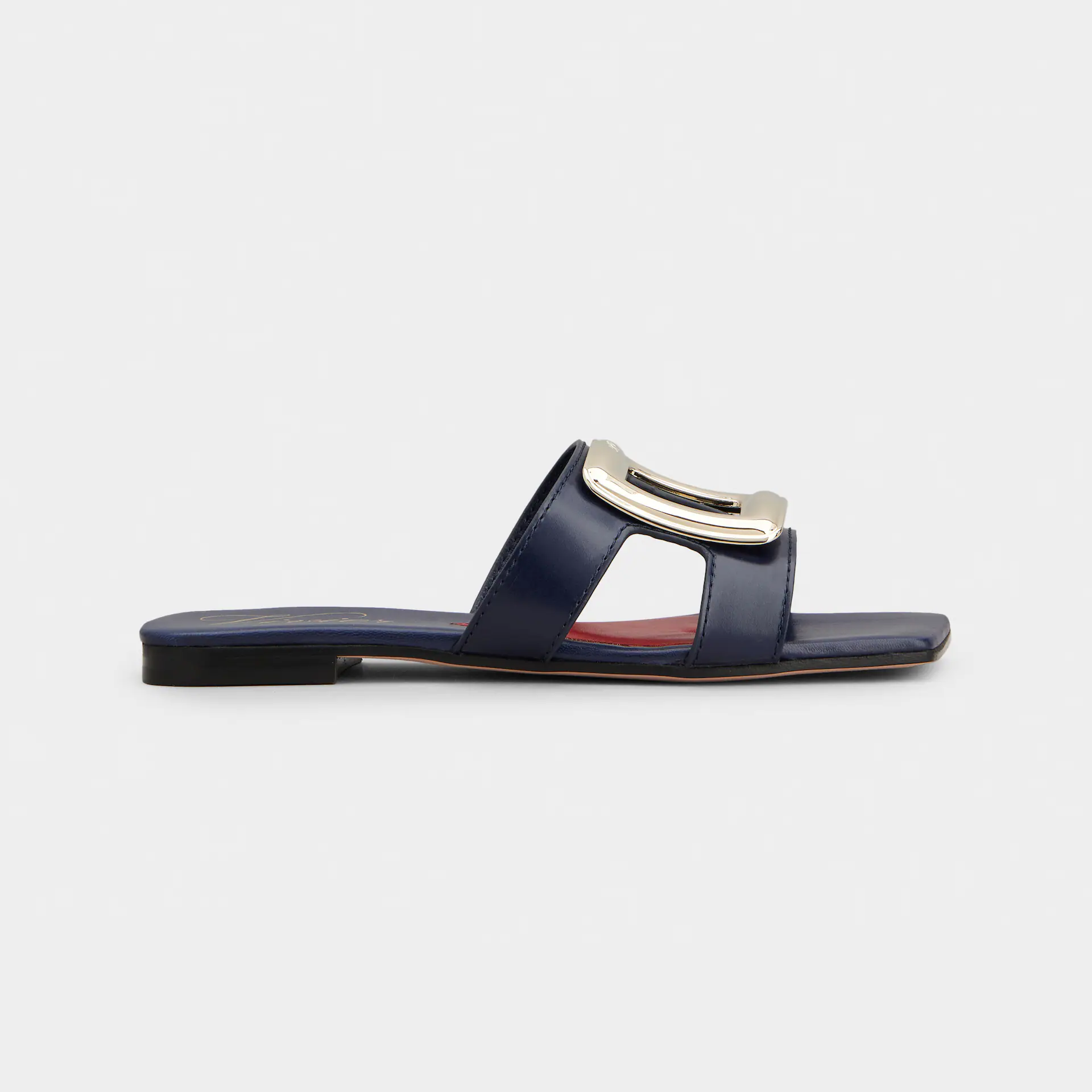 Roger Vivier Viv' By The Sea Mules Flats In Navy Blue Leather With Metal Buckle