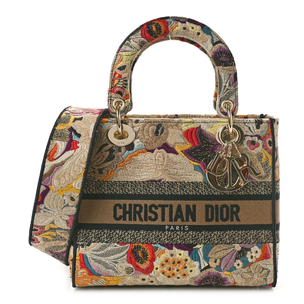 Dior Medium Lady D-Lite Beige/Black/Multicolor Floral Embroidered Canvas Gold Hardware