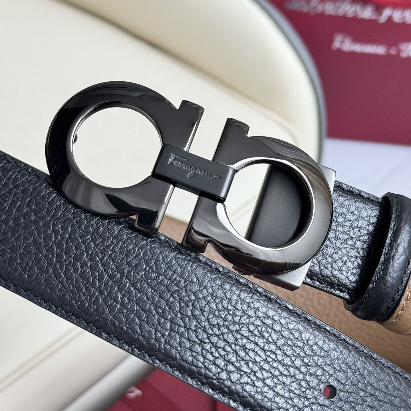 Ferragamo Men's Double Gancini Buckle Reversible Belt In Black/Brown Grained Calfskin With Gold/Silver/Black Hardware 35mm